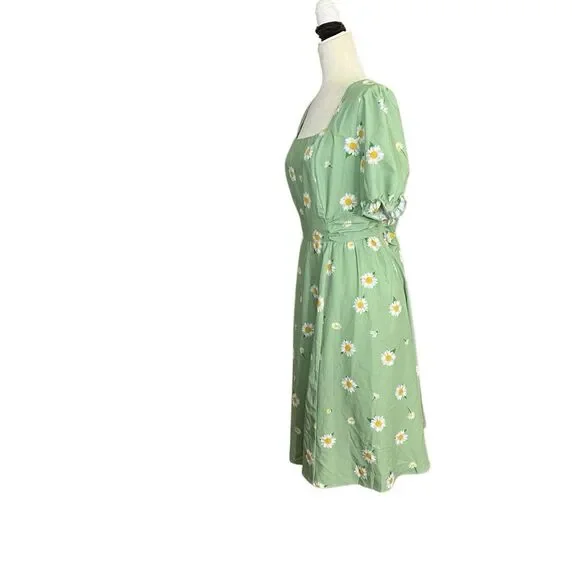 Belle Poque A Line Fit & Flare Green Daisy Midi Dress Womens XL Pockets Smocked - Picture 3 of 9